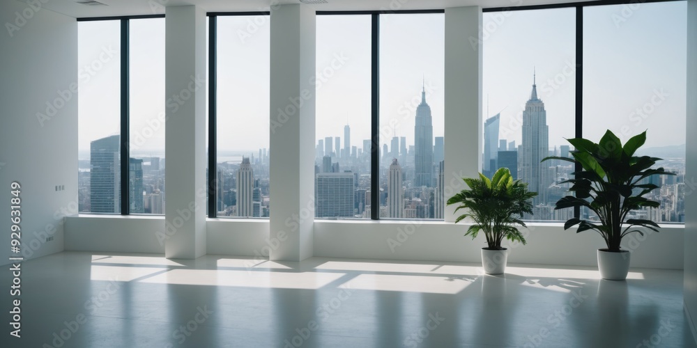Modern minimalist room with city view, clean lines, potted plant Modern minimalist room with city view, clean lines, potted plant