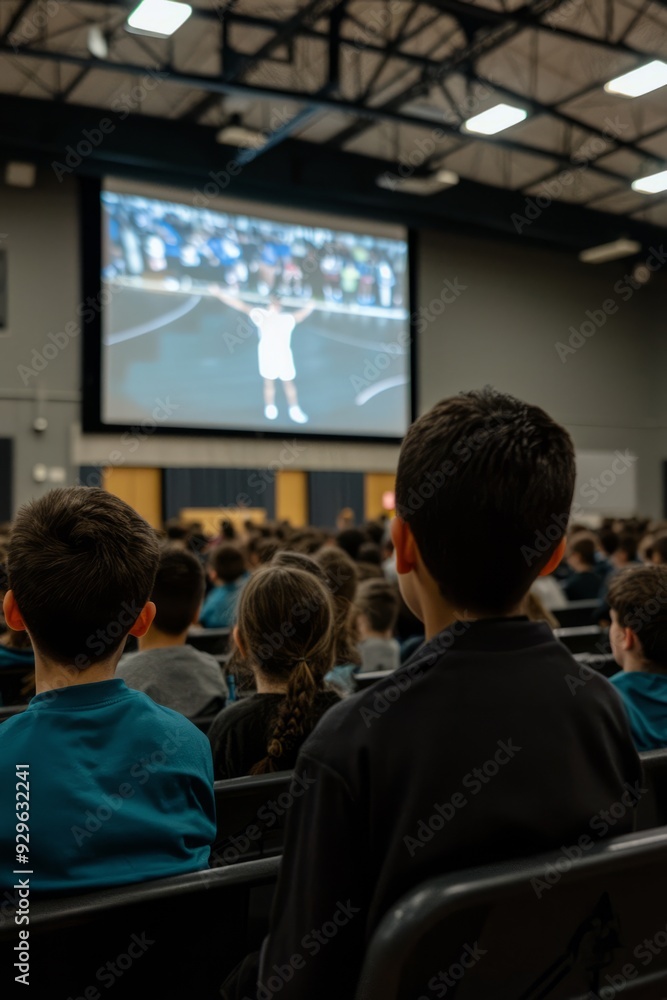 Fototapeta premium A school assembly featuring a sports highlight reel, with students watching footage of recent games and achievements