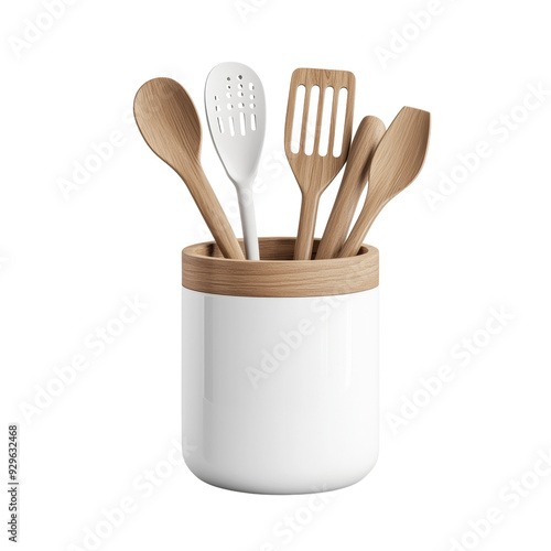 Stylish kitchen utensil holder with wooden cooking tools, modern design for home cooking and culinary use
