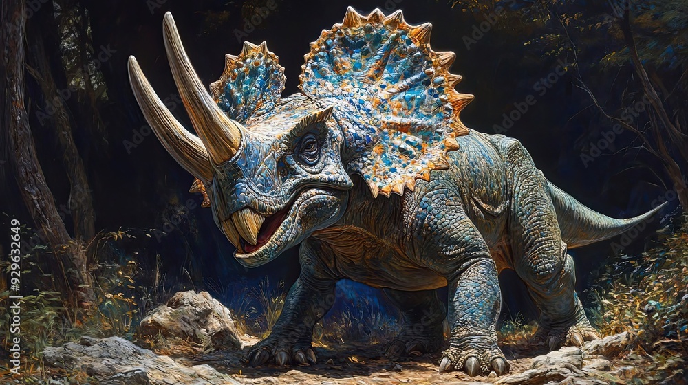 Fototapeta premium A Triceratops Dinosaur Roaming Through a Forest
