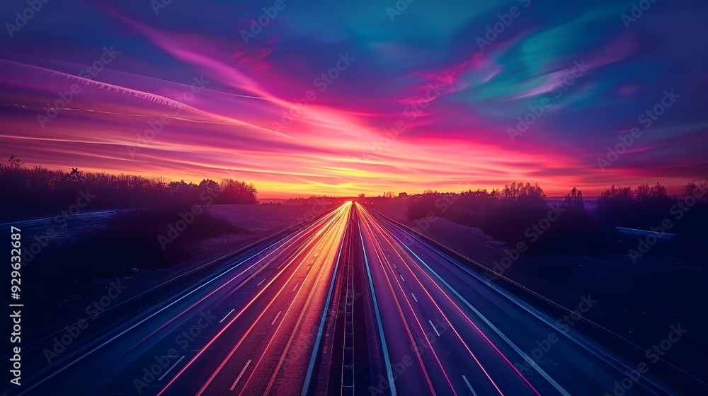 A vibrant sunset over a highway, showcasing colorful clouds and light trails from vehicles. A vibrant sunset over a highway, showcasing colorful clouds and light trails from vehicles.
