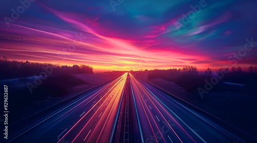 A vibrant sunset over a highway, showcasing colorful clouds and light trails from vehicles.