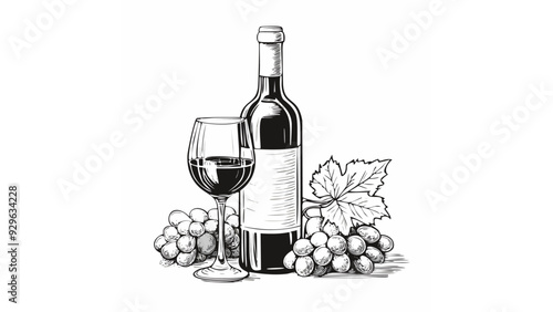 Wine Bottle Glass Grape Sketch Style - Grapes Vintage Drawn Vine Beverage Drink Bar Vinery Cork Winery
