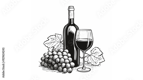 Wine Bottle Glass Grape Sketch Style - Grapes Vintage Drawn Vine Beverage Drink Bar Vinery Cork Winery
