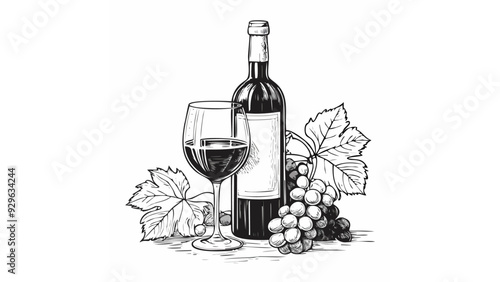 Wine Bottle Glass Grape Sketch Style - Grapes Vintage Drawn Vine Beverage Drink Bar Vinery Cork Winery
