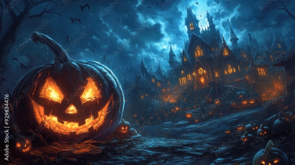A halloween scene with pumpkins webs and castle at night A halloween scene with pumpkins webs and castle at night