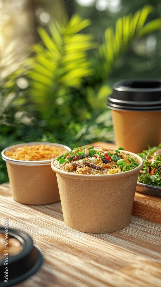 Eco-friendly food delivery, with reusable containers, on a doorstep, soft ambient lighting Eco-friendly food delivery, with reusable containers, on a doorstep, soft ambient lighting