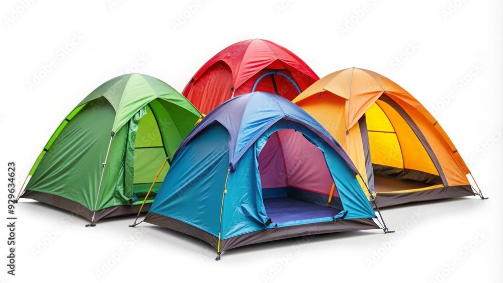 Four colorful camping tents isolated on a white background for outdoor adventures, camping, and hiking Four colorful camping tents isolated on a white background for outdoor adventures, camping, and hiking