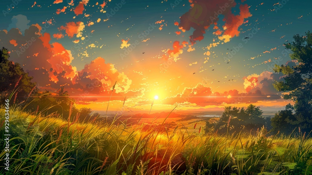 Sunset Over a Field of Tall Grass and Trees Sunset Over a Field of Tall Grass and Trees