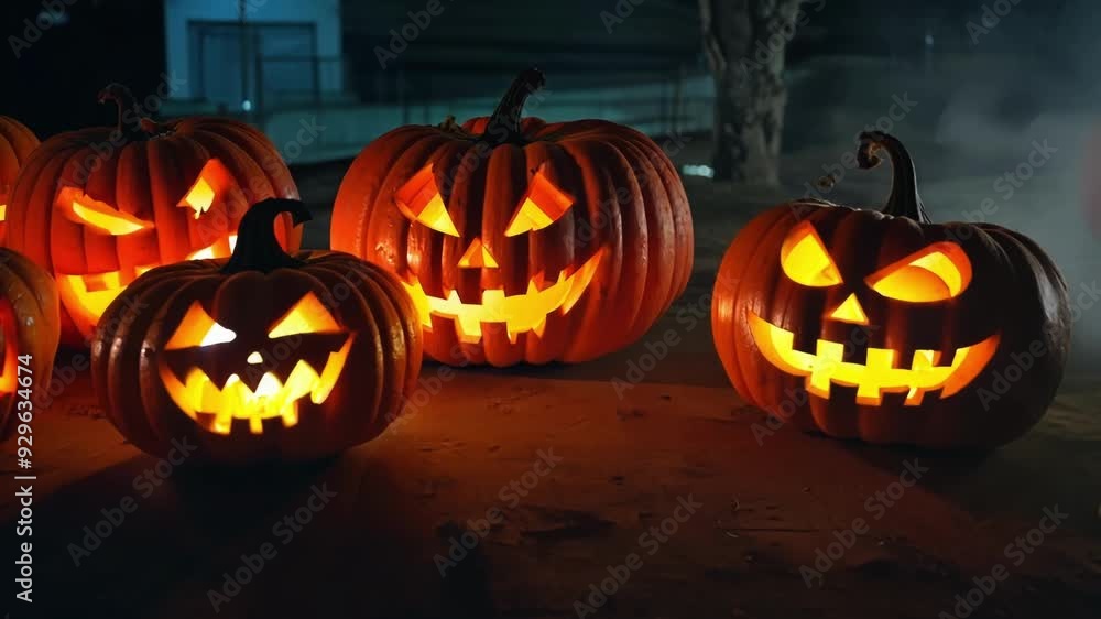 Carved pumpkins glow in the dark, creating a spooky halloween scene with a festive autumn atmosphere Carved pumpkins glow in the dark, creating a spooky halloween scene with a festive autumn atmosphere