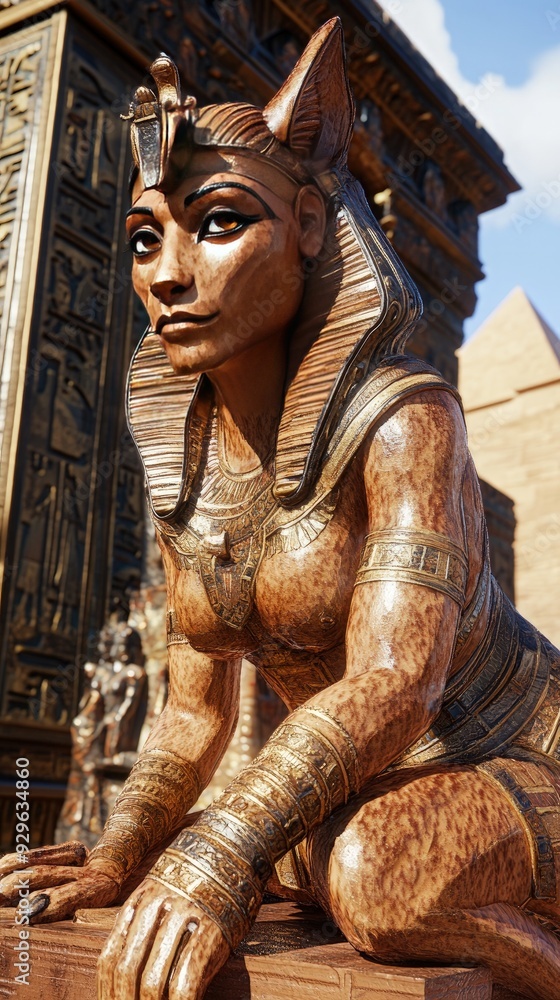 Fototapeta premium Egyptian sphinx, with a lion's body and human head, guarding the pyramids under a clear sky