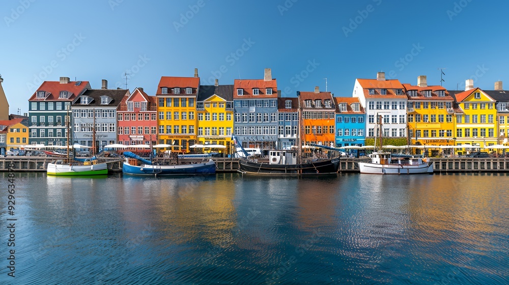 Fototapeta premium A vibrant waterfront scene featuring colorful buildings and boats by the water.