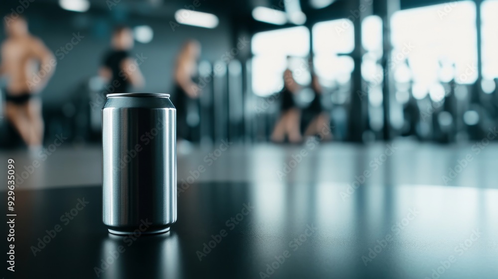 Shiny black stone table with an empty aluminum can with a water drop on top. In the background, blurred image of people exercising in a gym adds dynamic energy to the scene. Shiny black stone table with an empty aluminum can with a water drop on top. In the background, blurred image of people exercising in a gym adds dynamic energy to the scene.