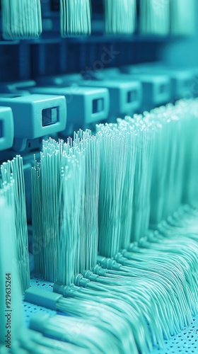 Fiber optic connectors, neatly organized, in a telecom facility, cool ambient lighting photo