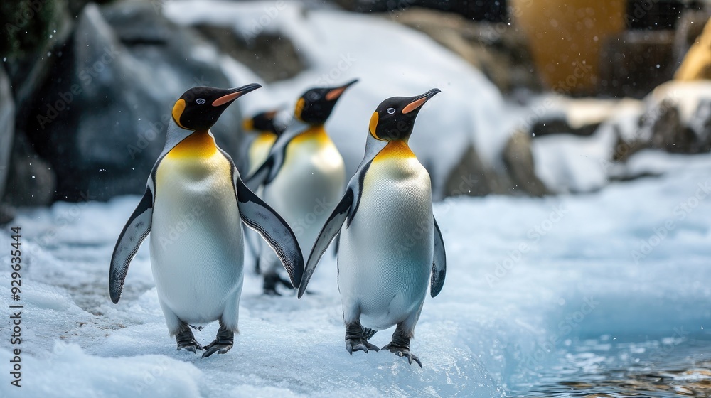 Fototapeta premium Penguins waddling along an icy shoreline, representing marine life in cold-water habitats.