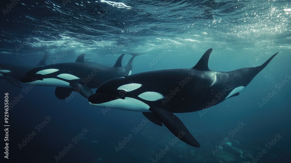 Obraz premium Pods of orcas swimming in the ocean, showcasing their family-oriented behavior and strength