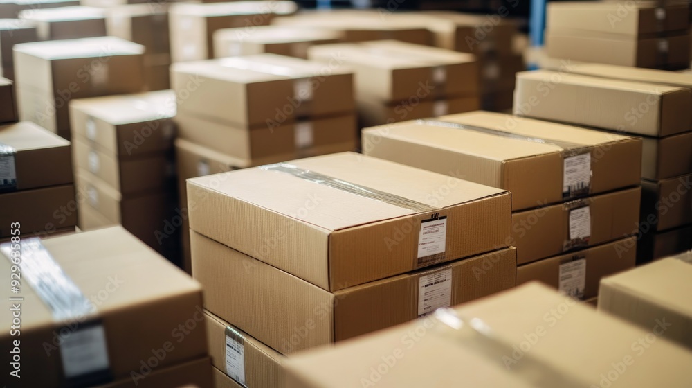 Product boxes stacked and labeled, ready for shipping, emphasizing the scale of online business operations. Product boxes stacked and labeled, ready for shipping, emphasizing the scale of online business operations.