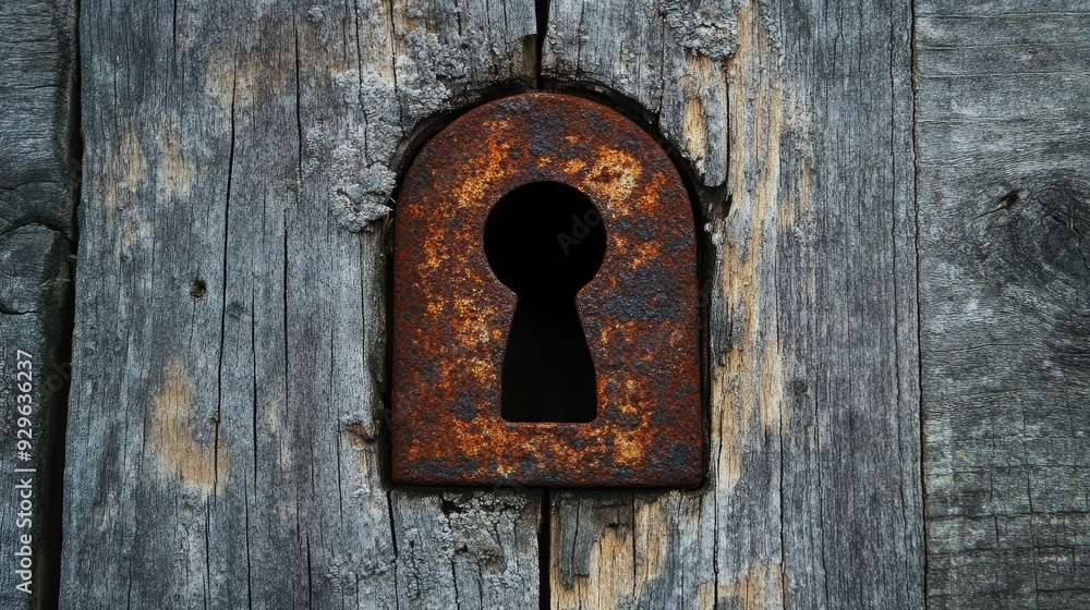 Rusty keyhole on a worn wooden surface, evoking a sense of mystery and antiquity. Rusty keyhole on a worn wooden surface, evoking a sense of mystery and antiquity.