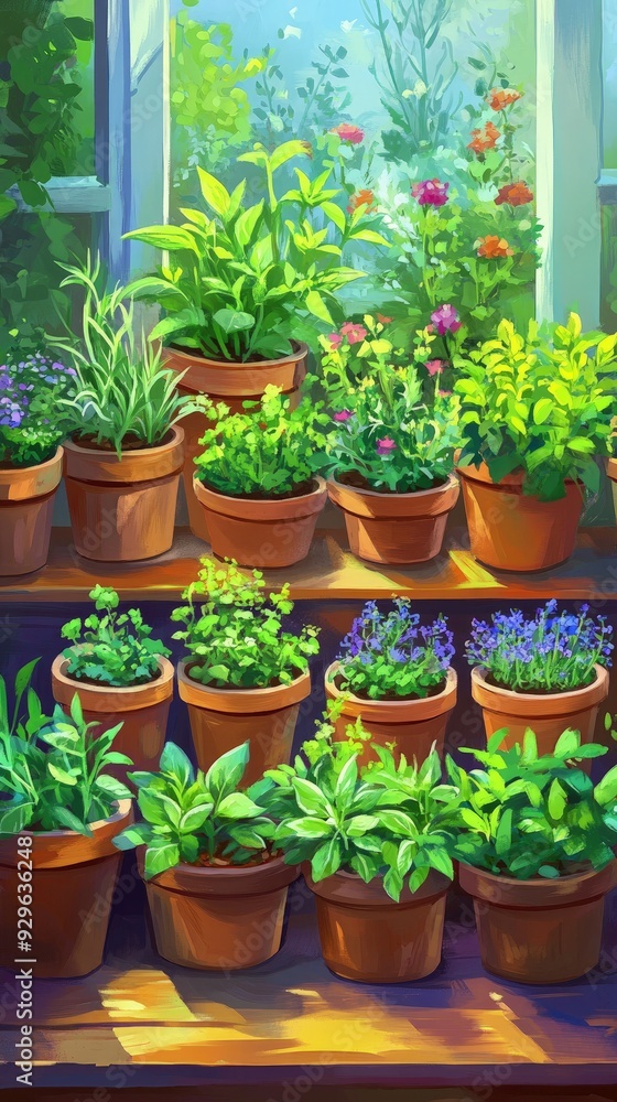 Fresh garden herbs, in small pots, on a kitchen windowsill, soft morning light Fresh garden herbs, in small pots, on a kitchen windowsill, soft morning light