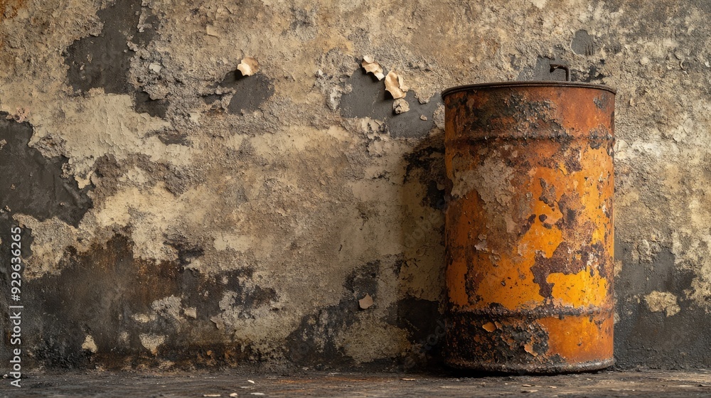 Rusty oil can with peeling paint and visible dents, conveying a gritty and industrial old backdrop. Rusty oil can with peeling paint and visible dents, conveying a gritty and industrial old backdrop.