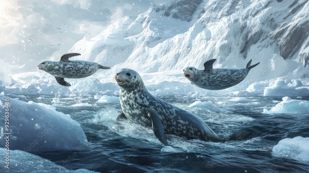 Obraz premium Seals playfully diving and swimming near an icy shore, highlighting their agile and curious nature
