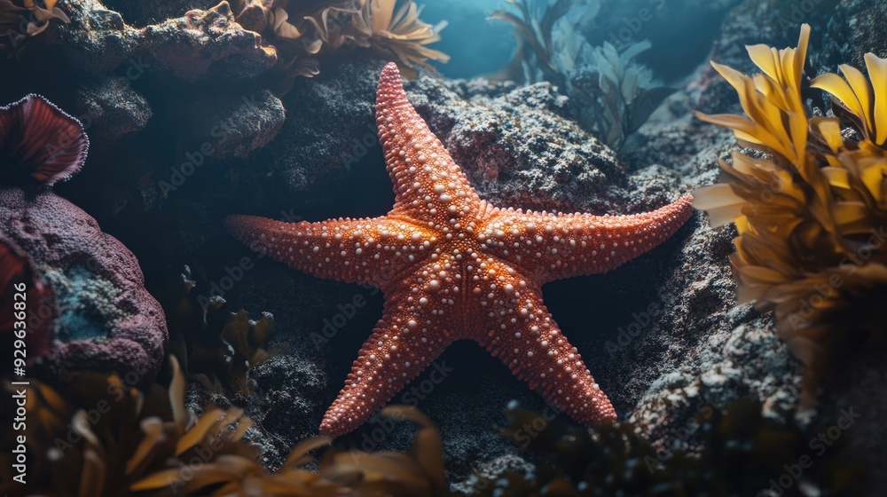 Starfish resting on the ocean floor among coral and seaweed, displaying its unique shape and texture. Starfish resting on the ocean floor among coral and seaweed, displaying its unique shape and texture.