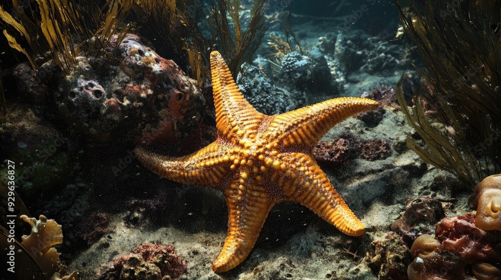 Starfish resting on the ocean floor among coral and seaweed, displaying its unique shape and texture. Starfish resting on the ocean floor among coral and seaweed, displaying its unique shape and texture.