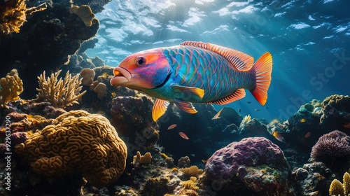 Vibrant parrotfish nibbling on coral, contributing to the health of the reef ecosystem. photo