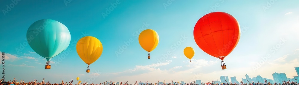 Obraz premium Outdoor festival with giant helium balloons floating in the sky, surrounded by a crowd of celebrating people