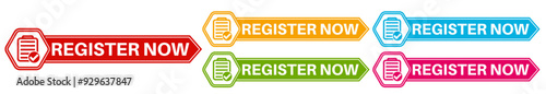 set trendy colorful register now labels icon. enter registry sign template sticker  design vector illustration