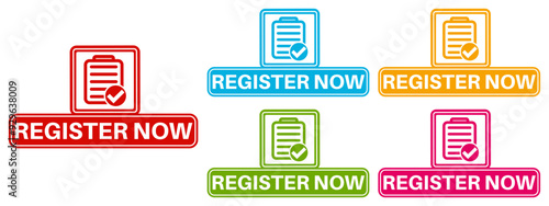 set trendy colorful register now labels icon. enter registry sign template sticker  design vector illustration