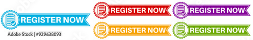 set register now sticker sign set. registered account badge, stamp, tag, template, label symbol template vector illustration	