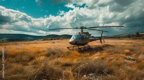 A brown private chopper is parked in an open field