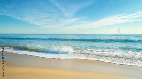 A serene beach scene with gentle waves and a sailboat in the distance under a clear sky.