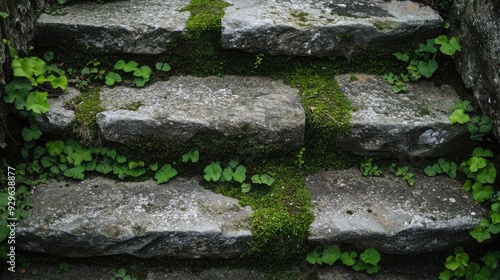 Weathered stone steps with moss and cracks, creating a rugged and ancient backdrop.