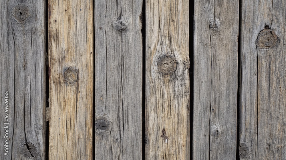 Naklejka premium Weathered wooden pier with visible knots and cracks, ideal for a rustic and nautical backdrop.
