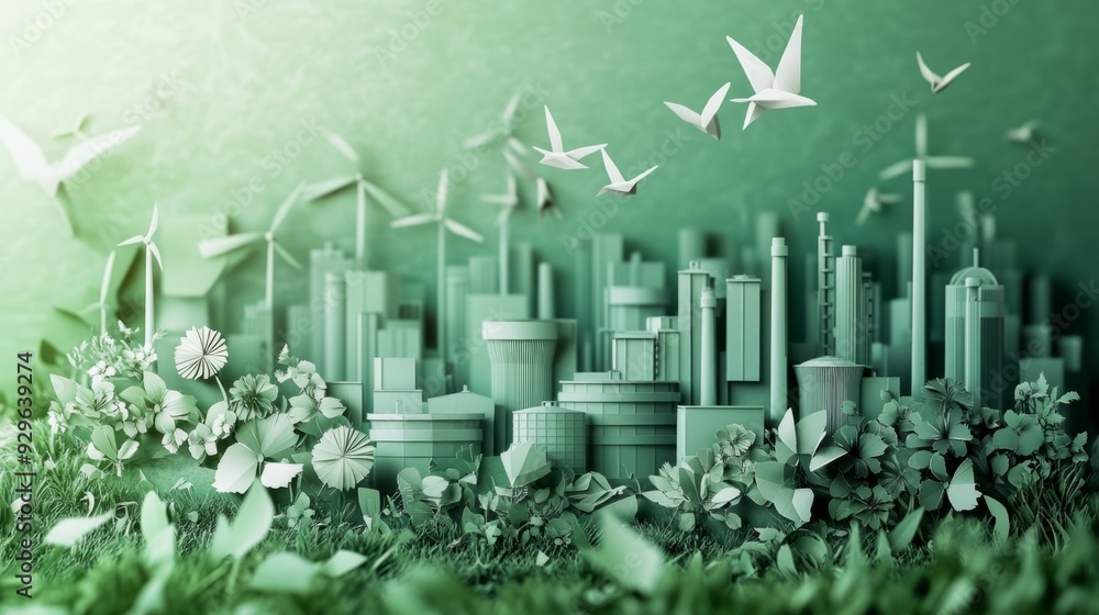 3D paper art depicting a green factory and power plant surrounded