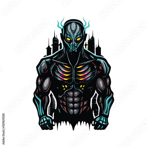 A mutated creature with cybernetic implants in a neon cityscape.