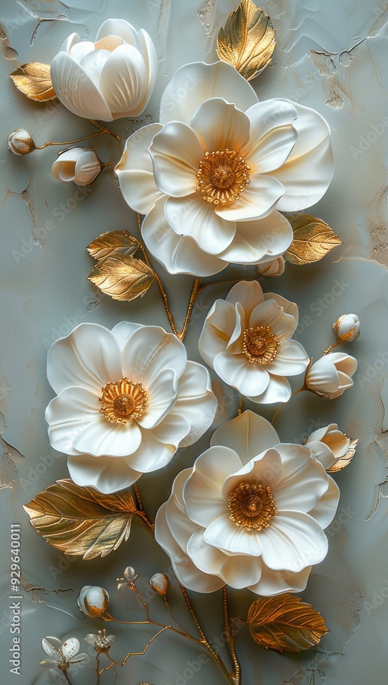 3D wall art design, white flowers with gold leaves elegant 3D wall art design, white flowers with gold leaves elegant