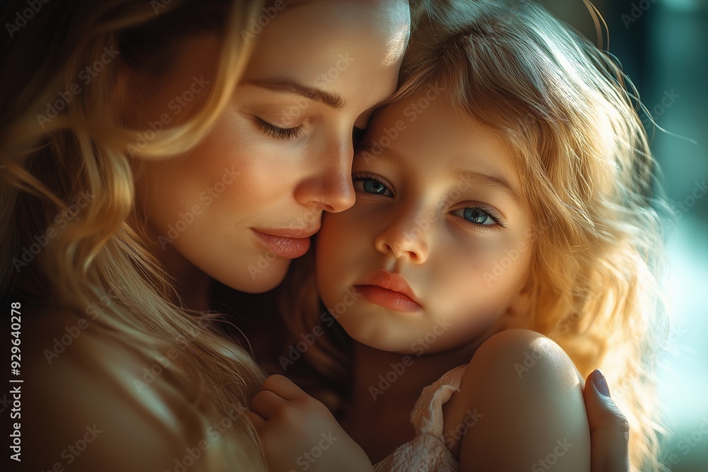 Young mother holding her sad daughter close to her Young mother holding her sad daughter close to her