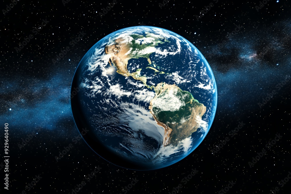 A view of Earth from space, showcasing its continents and oceans against a starry backdrop. A view of Earth from space, showcasing its continents and oceans against a starry backdrop.