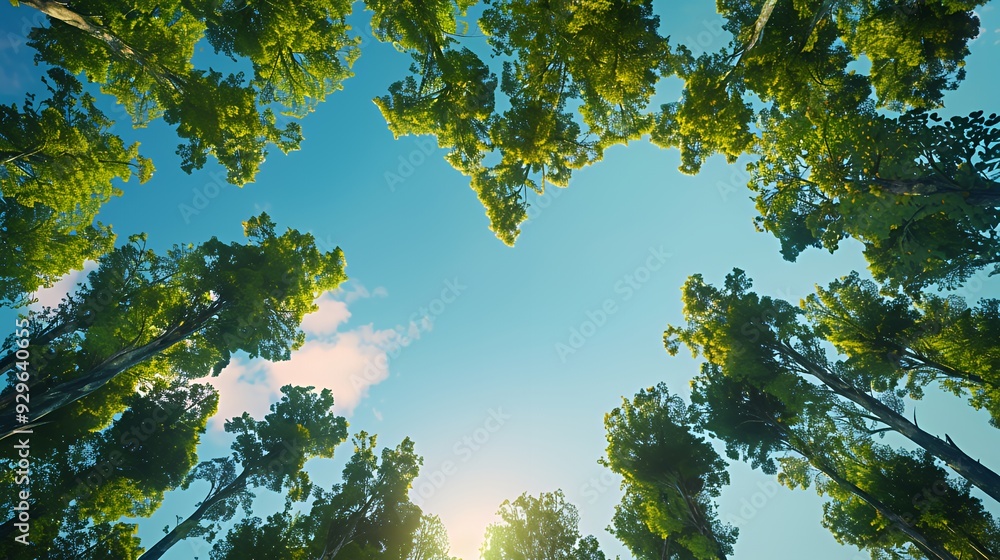 Fototapeta premium Tall green trees framing a heart shaped opening to the bright blue sky with soft clouds and warm sunlight.