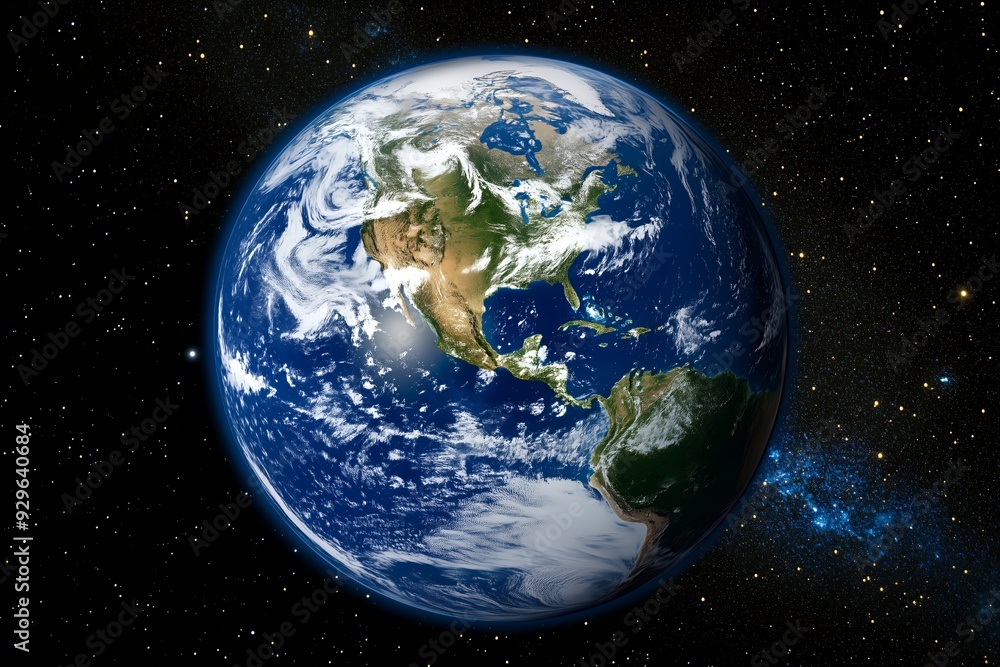 Fototapeta premium Planet Earth showing North and South America floating in the dark starry outer space.