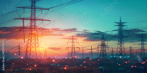 power lines with tower and sunset, power tower, sunset landscape, electrical tower, power transmission