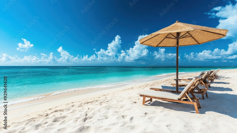 A serene beach scene with lounge chairs and an umbrella under a clear blue sky. A serene beach scene with lounge chairs and an umbrella under a clear blue sky.