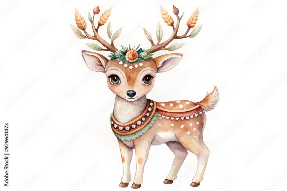 Obraz premium Watercolor Illustration of a Cute Deer with Floral Antlers. Boho Christmas Clipart.