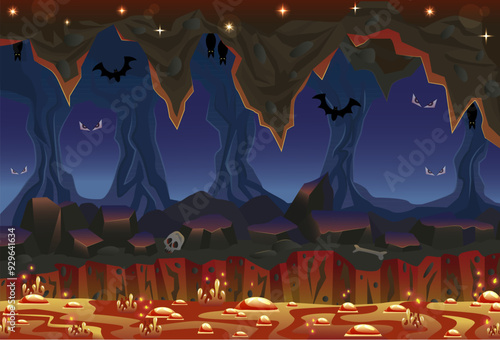 Magic cave or cavern landscape with bats, lava and rocks in mountain, fantasy game background, adventure and Halloeeb concept, cartoon vector illustration