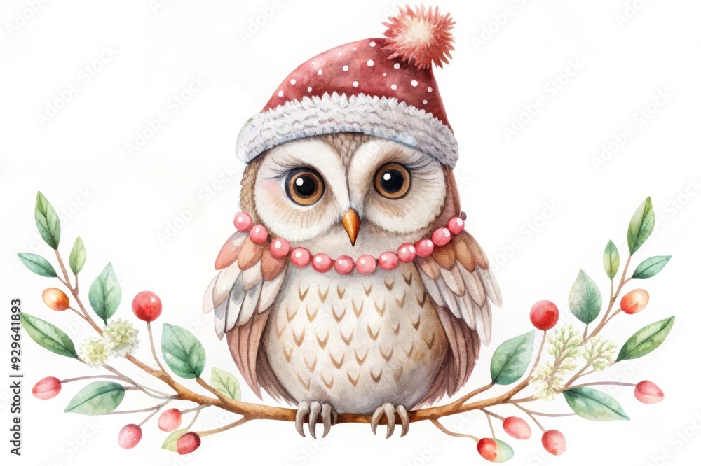 Obraz premium Cute Watercolor Owl in a Santa Hat on a Branch.