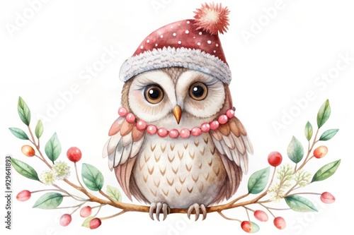 Cute Watercolor Owl in a Santa Hat on a Branch. photo