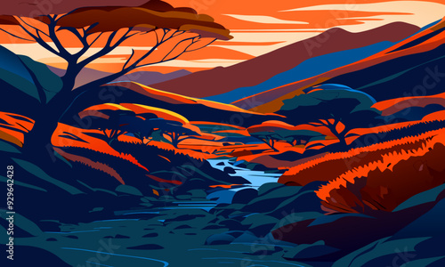 Vibrant landscape with a stream in the hills, vector illustration.